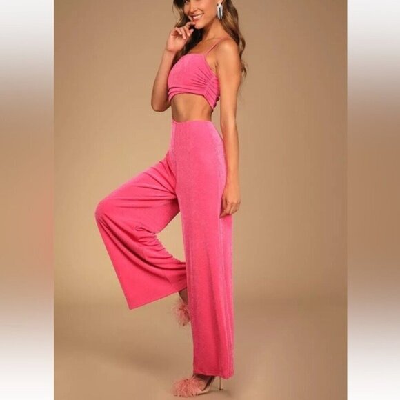 Lulus Timely Trends Hot Pink Asymmetrical Cutout Wide-Leg Jumpsuit NEW SIZE XL - Picture 3 of 6